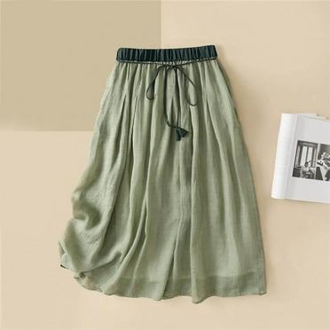Cavosen Linen Skirts for Women Cotton Linen Embroidery Elastic Waist Solid Color A-Line Skirts Midi Skirts Elegant Lightweight Flowy Fashion Calf Length Skirts Drawstring Green L