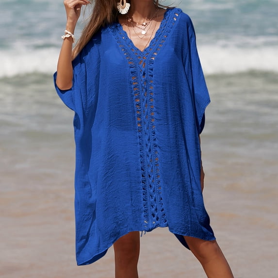 Cavosen Long Beach Cover up for Women Hollow Out Dress Bikinis Swimwear Kimono Short Sleeve V-Neck Sheer Flowy Breathable Sun Protection Long Bathing Suit Plain Swimsuit Kaftan