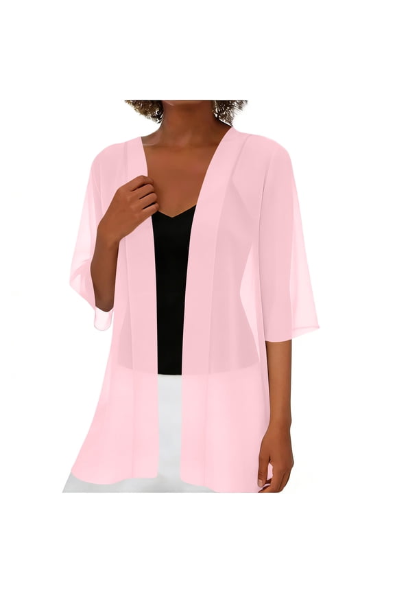 Long Cardigan Plus Size Trendy Lightweight Chiffon 3/4 Sleeve Open Front Cover Up Flowy Solid Tops