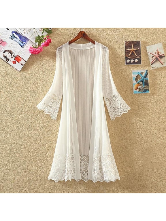 Long Cardigans for Women Lightweight White Summer Lace Long Sleeve Sweater Cardigan Solid Color Open Front Cover up Rashguard Cheer Hollow Out Duster Outwear Plus Size XL