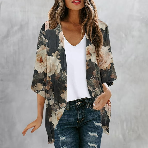 Cavosen Long Cardigans for Women Trendy Kimonos Floral Vintage Print Lightweight Open Front Cardigan 3/4 Sleeve Summer Vacation Slouchy Sweaters Beach Cover ups Soft Outwear Blue L