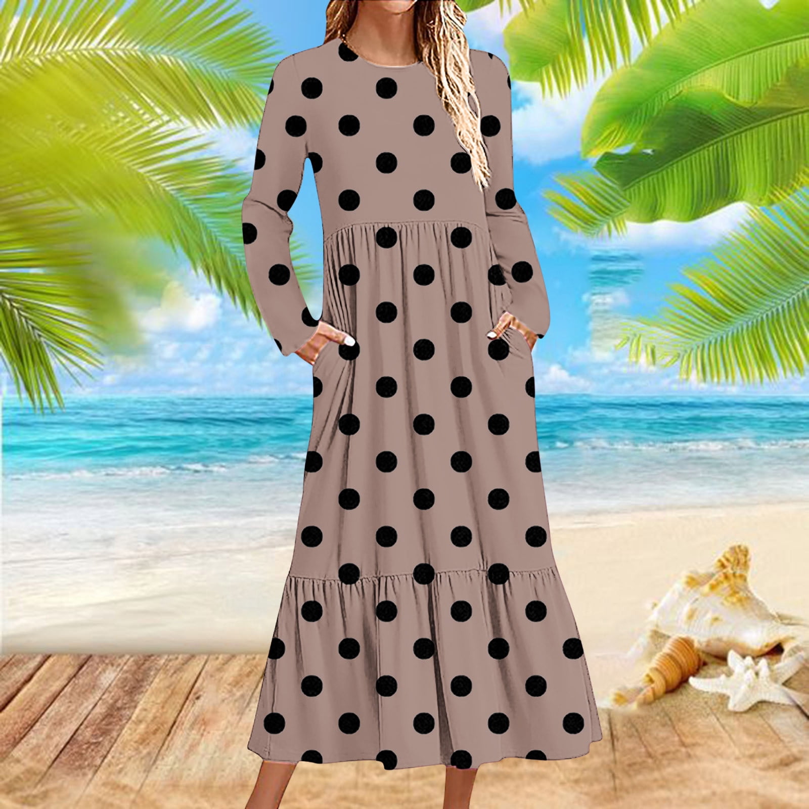 chinese dress ladies Black Polka Dot Long Sleeve Mesh Midi Dress