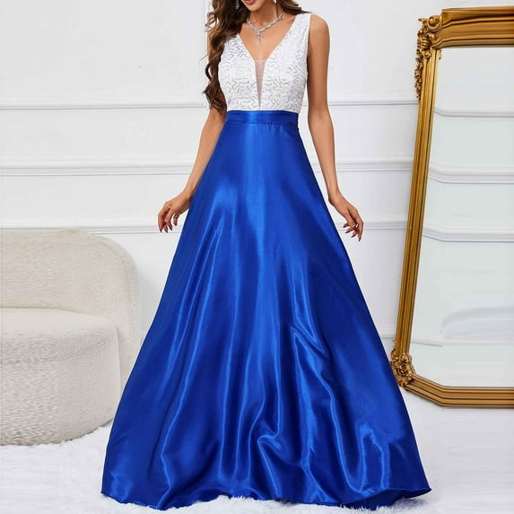 Cavosen Long Dresses for Women Formal Blue Elegant Sleeveless A-Line Party Dress V-Neck Color Block Floor Length Maxi Dress Flowy Bodycon Wrap Wedding Guest Dress Evening Prom