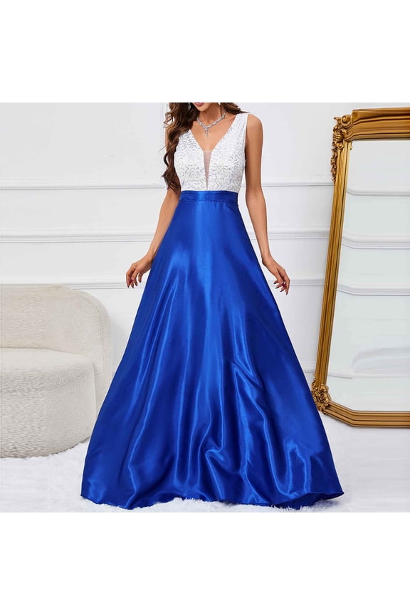 Long Dresses for Women Formal Blue Elegant Sleeveless A-Line Party Dress V-Neck Color Block Floor Length Maxi Dress Flowy Bodycon Wrap Wedding Guest Dress Evening Prom