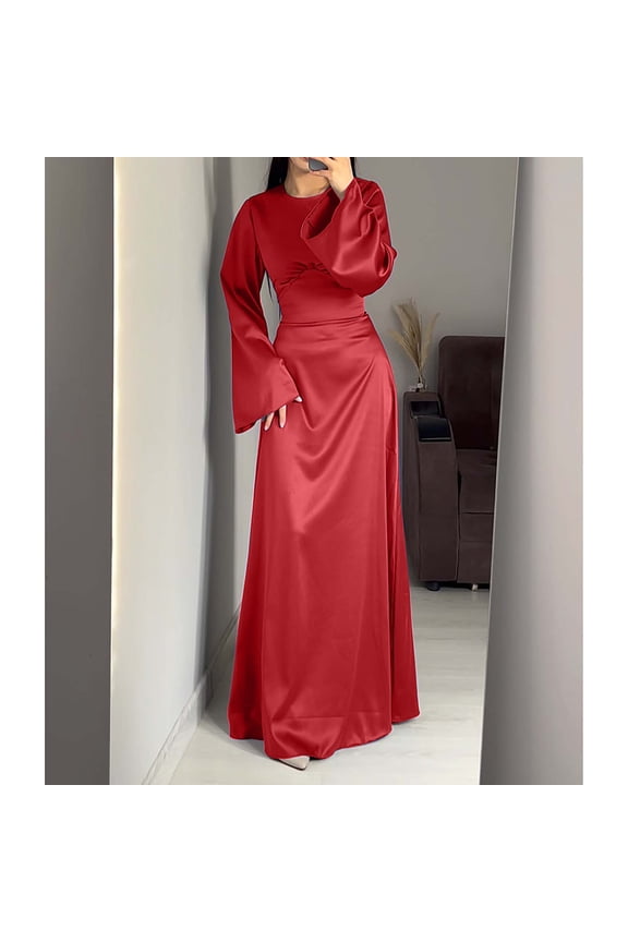 Long Dresses for Women for Formal Party Red Satin Elegant Kimonos Long Sleeve Party Dress Round Neck Solid Floor Length Maxi Dress Flowy Bodycon Wrap Wedding Guest Dress