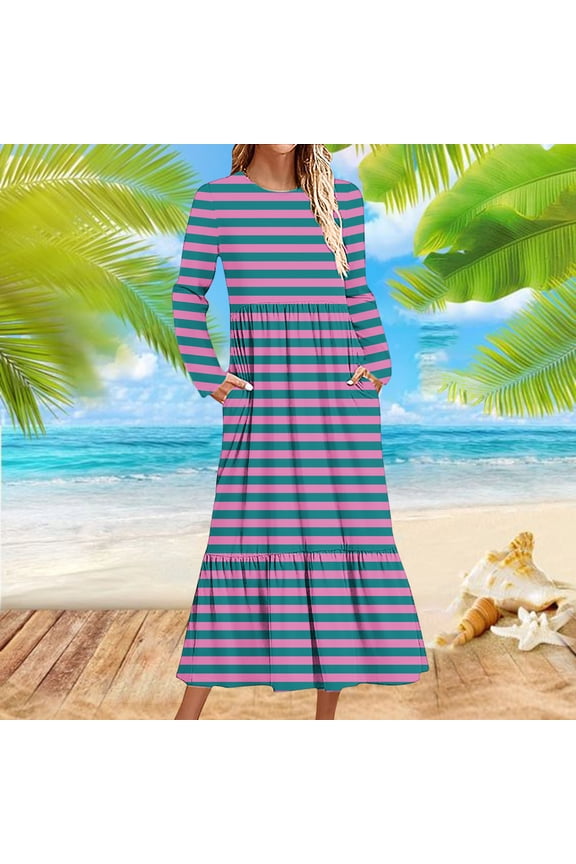 Long Dresses for Women Long Sleeve Blue Maxi Dress Smocked Tiered Round Neck Ankle Length Long Dress Striped Pleated Casual Dress with Pocket Fall Winter Clothes L