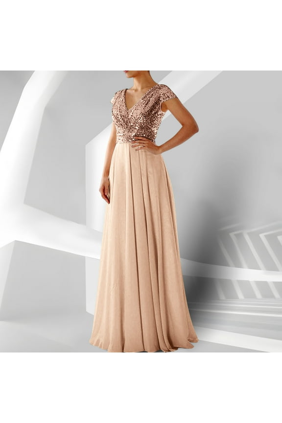 Long Dresses for Women V Neck Beige Sequin Elegant Sleeveless Party Dress Chiffon Patchwork Floor Length Maxi Dress Flowy Bodycon Wrap Wedding Guest Dress Evening Prom