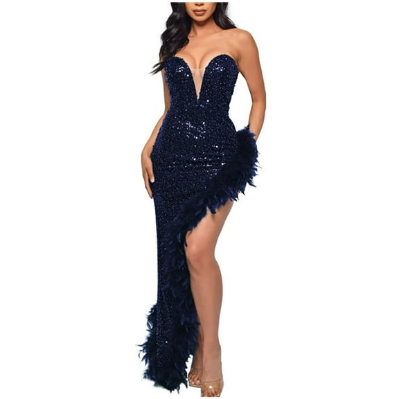 Cavosen Long Dresses for Women V Neck Blue Elegant Tube Off Shoulder Sleeve Party Dress High Slit Floor Length Maxi Dress Flowy Corset Ruffle Hem Bodycon Wrap Wedding Guest Dress