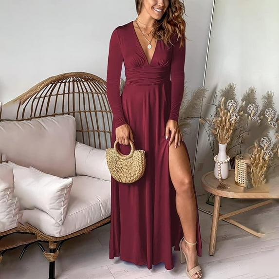 Cavosen Long Dresses for Women V Neck Red Long Sleeve Maxi Dress High Side Slit Ankle Length Dress Solid High Waisted Pleated Casual Trendy Dress Vacation Fall Winter Clothes M