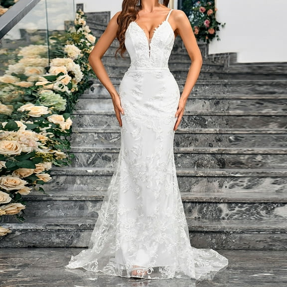 Cavosen Long Dresses for Women for Wedding Guest White Lace Appliques Elegant Spaghetti Strap Off Shoulder Sleeve Bridal Dress Floor Length Maxi Dress Flowy Tulle Party Dress with Train