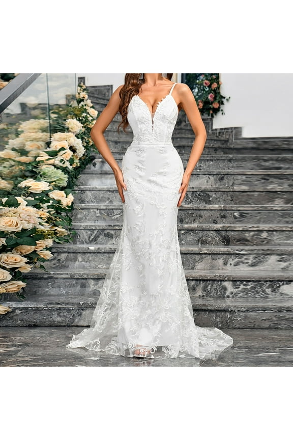 Long Dresses for Women for Wedding Guest White Lace Appliques Elegant Spaghetti Strap Off Shoulder Sleeve Bridal Dress Floor Length Maxi Dress Flowy Tulle Party Dress with Train