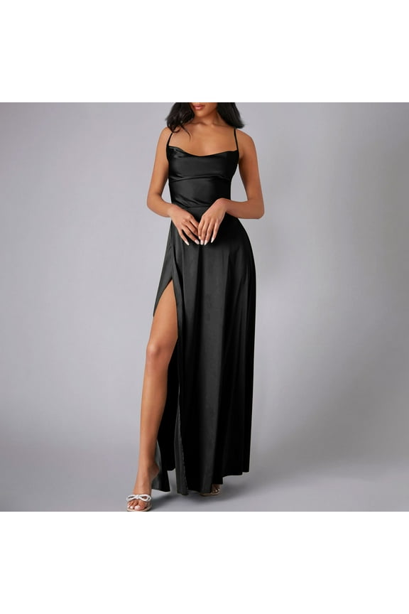 Long Flowy Dresses for Women Black Elegant Spaghetti Strap Sleeveless Long Dress Party Dress Side High Split Ankle Length Maxi Dress Flowy Backless Bodycon Wrap Wedding Guest Dress