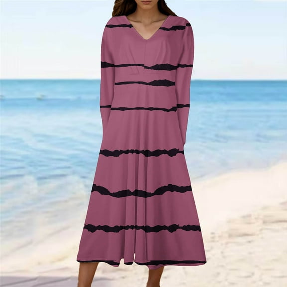 Cavosen Long Flowy Dresses for Women Pink Long Sleeve Maxi Dress High Waist V-Neck Calf Length Dress Striped Casual Trendy Dress Flowy Party Vacation Fall Winter Clothes S