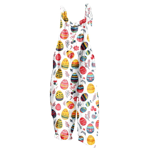 Cavosen Long Jumpsuits for Women Easter Oversized Jumpsuits Wide Leg Overalls with Pocket Decorated Eggs Summer Cute Rompers