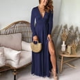 thumbnail image 1 of Cavosen Long Maxi Dresses for Women Blue Elegant Long Sleeve Long Dress Party Dress Deep V-Neck Side High Split Floor Length Dress Flowy Hight Waist Pleated Solid Bodycon Wedding Guest Dress, 1 of 8