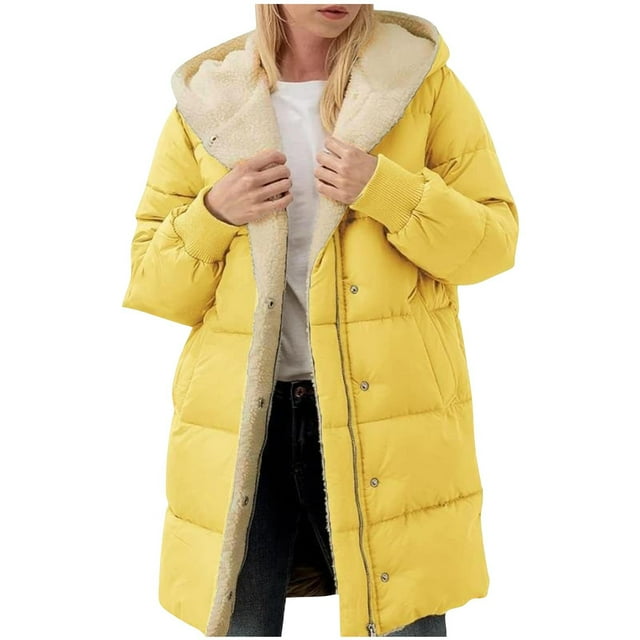 Cavosen Long Puffer Coat Women Yellow Warm Zipper Button Long Sleeve Winter Jacket with Hoodie Solid Color Coats with Pocket Lightweight Comfortable Stylish Overcoat