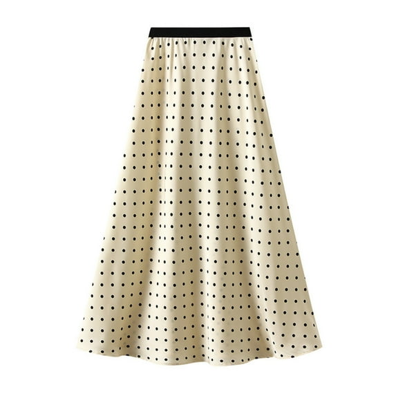 Cavosen Long Skirts for Women Flowy Satin Elastic Waist Polka Dots Print A-Line Skirts Maxi Skirts Mermaid Flared Lightweight Retro Vintage Fashion Ankle Length Skirts Fall Beige