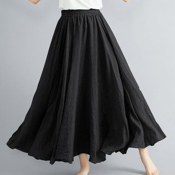 Cavosen Long Skirts for Women Summer Maxi Ankle Length Skirts Linen Pleated Summer Skirts Elastic Waist Solid Color Pencil Skirts Oversized Dress Athletic Beachwear Black