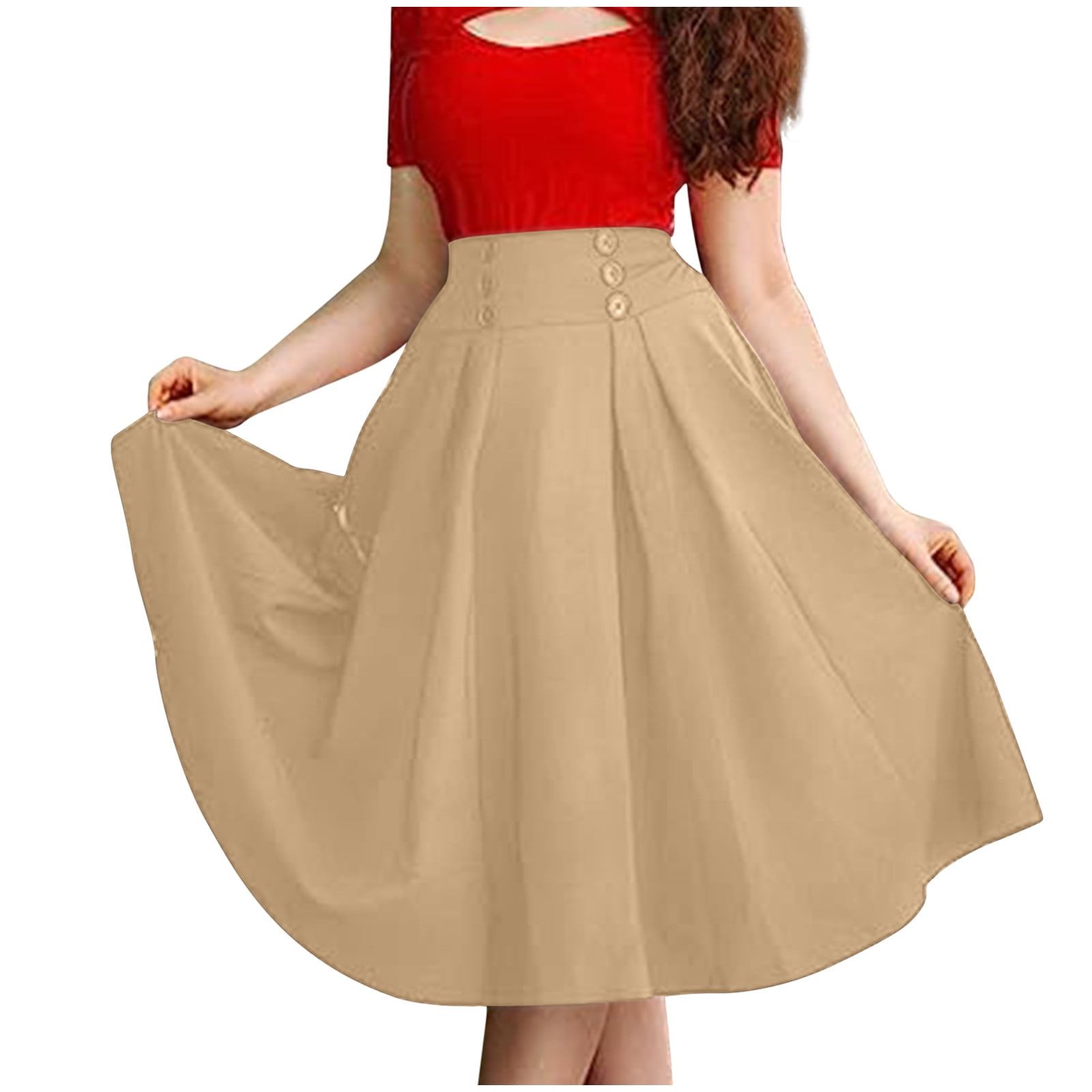 Cavosen Long Skirts for Women Summer Maxi Ankle Length Skirts Pleated Summer Skirts High Waist Plain Pencil Skirts Dress Button with Pocket Athletic Beachwear Resortwear Brown 2XL