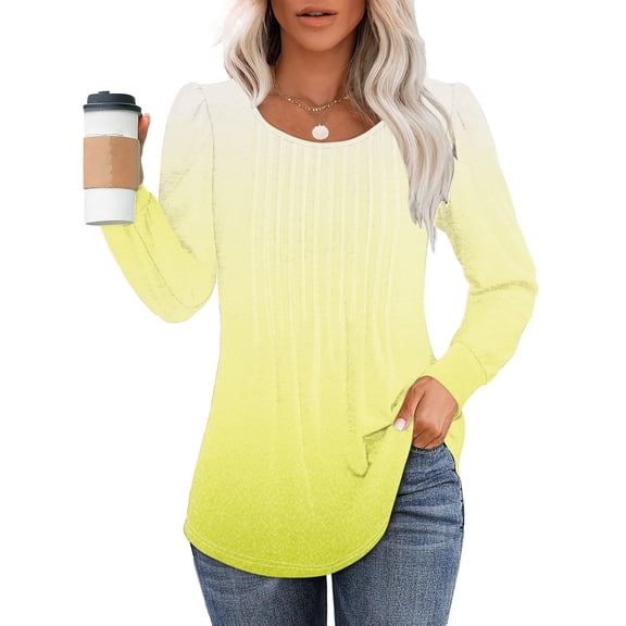 Cavosen Long Sleeve Blouses for Women Pullover Tunic Tops Crewneck Casual Gradient Shirts Dressy Flowy Loose Fit Blouse Ruched Pleated Tees Novelty Lightweight Autumn Yellow S