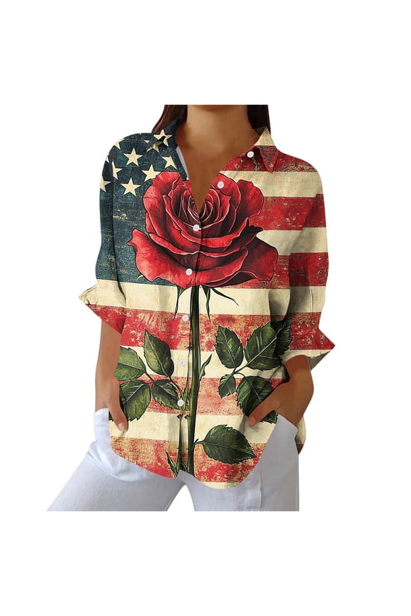 Long Sleeve Button down Women Lapel Dressy Patriotic Tee Red White and Blue Graphic Shirt Summer Basic Tops