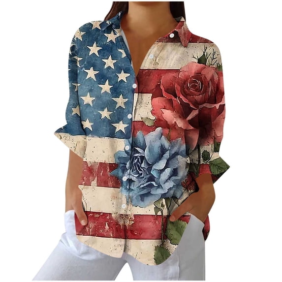 Cavosen Long Sleeve Button up Women Lapel Casual Patriotic Tee 250 Years Red White and Blue Graphic Shirt Summer Loose Tops