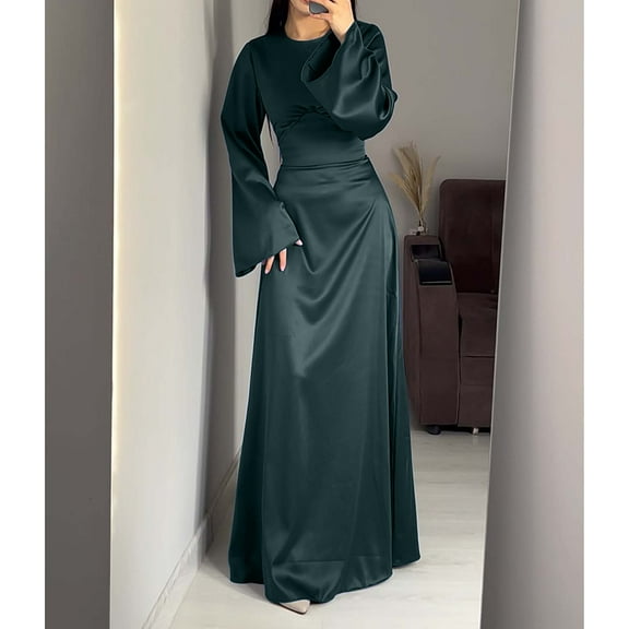 Cavosen Long Sleeve Dress for Women Wedding Guest Green Satin Elegant Kimonos Sleeve Long Dress Round Neck Solid Floor Length Maxi Dress Flowy Bodycon Wrap Party Dress Evening Prom