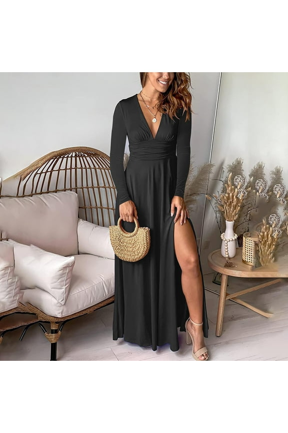 Long Sleeve Dresses for Women Elegant Black Maxi Dress High Side Slit Deep V-Neck Ankle Length Long Dress Solid High Waisted Pleated Casual Dress Fall Winter Clothes M
