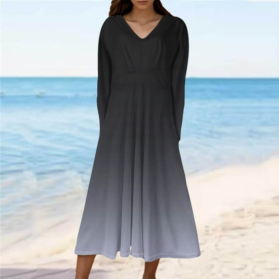 Cavosen Long Sleeve Maxi Dress Women Gray Trendy Dress High Waist V-Neck Calf Length Long Dress Gradient Casual Dress Flowy Party Dresses Vacation Fall Winter Clothes M