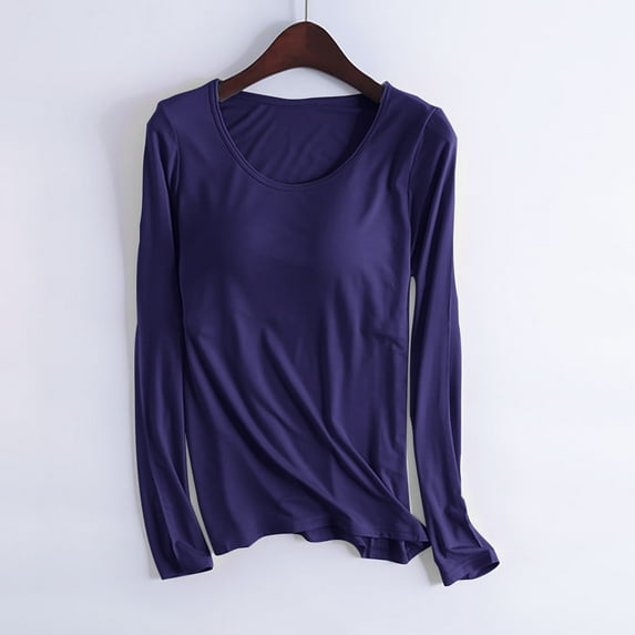 Cavosen Long Sleeve Night Shirts for Women with Built in Bra Modal Cotton Solid Color Lounge Blouse Crewneck Pajama Tops Wirefree Padded Shirts Fall Winter Clothes Blue 2XL