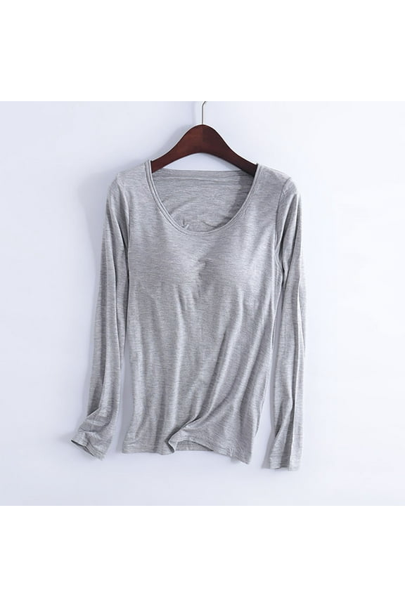 Long Sleeve Night Shirts for Women with Built in Bra Modal Cotton Solid Soft Shirts Round Neck Pajama Blouse Wireless Padded Tops Active Fall Winter Clothes Gray S