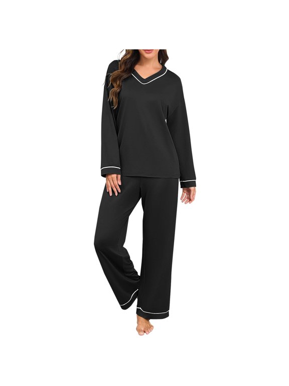 Long Sleeve Pajamas for Women Long Sleeve Soft V Neck Shirt Solid Wide Leg Pants Breathable Casual Sleepwear Black XL