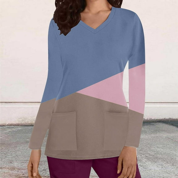 Cavosen Long Sleeve Scrub Tops for Women Blue V Neck Underscrub Stretchy Soft Xmas Color Block Wrap Scrub Shirts with Pocket Comfortable Workwear Anti-Wrinkle Scrub Tops Tee Tunic M