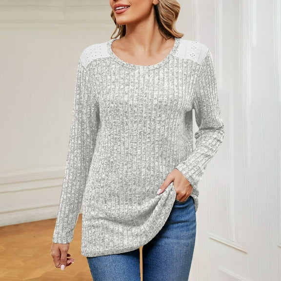 Cavosen Long Sleeve Shirts for Women Crew Neck Ribbed Knitted Pullover Blouse Tunic Solid Flowy Shirts Holiday T-Shirts Trendy Dressy Tops Going out Resort Tees Summer Gray 2XL