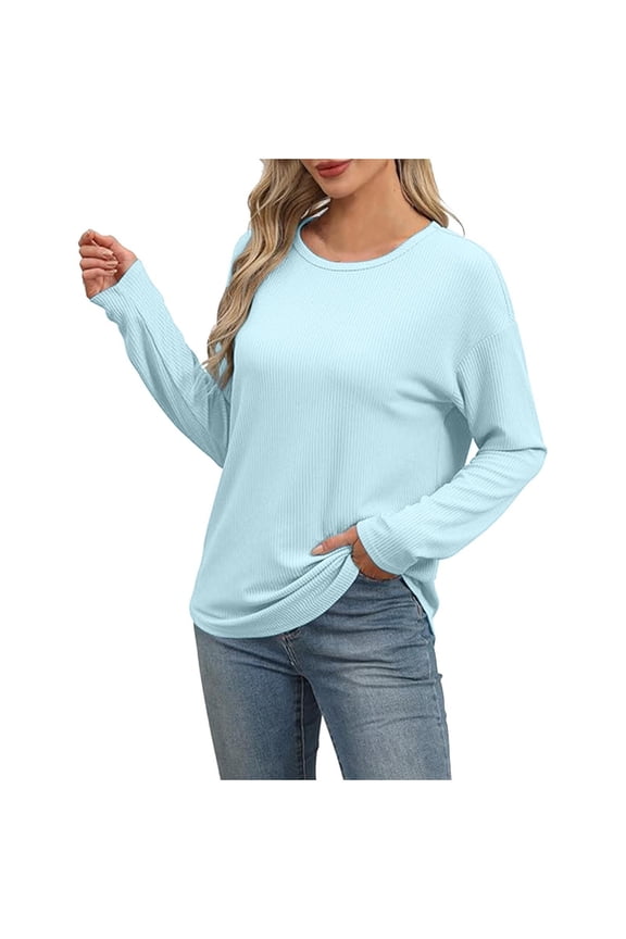 Long Sleeve Shirts for Women Round Neck Pullover Blouse Tunic Solid Soft T-Shirts Holiday Tops Comfort Fashion Casual Shirts Workout Beach Tees Summer Clothes Blue M
