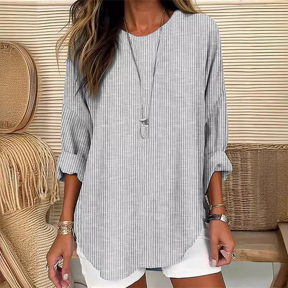 Cavosen Long Sleeve Shirts for Women V Neck Cuffed Pullover Tunic Blouse Casual Striped Tees Dressy Flowy Loose Fit Tops Rolled Up Curvy Hem Shirts Trendy Lightweight Fall Gray 3XL