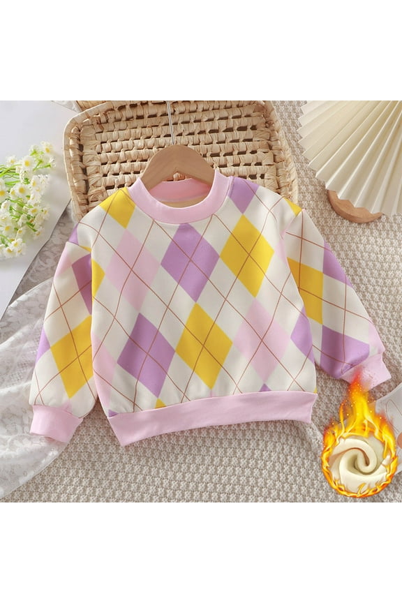 Long Sleeve Sweatshirt Kids Girls Boys Toddler to Big Kids Fleece Round Neck Pullover Sweatshirts Argyle Print Trendy Sweatshirts Tops Warm Soft Clothes Purple 130