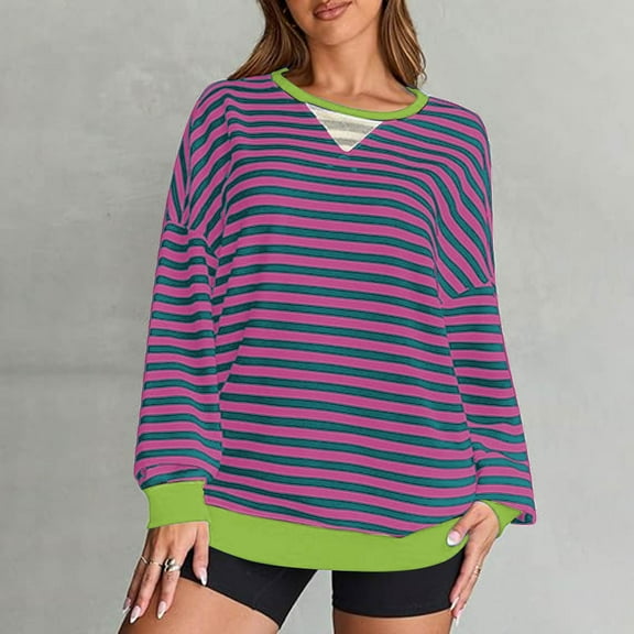 Cavosen Long Sleeve Tops for Women Dressy Drop Shoulder Sleeve Pullover Tops Tunic Round Neck Striped Flowy Shirts Boyfriend Holiday T-Shirts Trendy Casual Blouse Athletic Tees Pink S