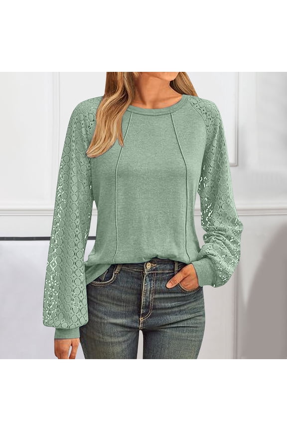 Long Sleeve Tops for Women Dressy Puff Sleeve Lace Patchwork Pullover Blouse Round Neck Solid Cover Line Soft T-Shirts Elegant Holiday Shirts Stylish Loose Tops Going out Green 2XL