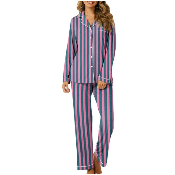 Cavosen Long Sleeve Women's Sleepwear Set with Pocket Button Up 2 Piece Pajamas Sets Long Pants Sleepshirts Nightwear Striped Homewear Lightweight Soft Pjs Fall Winter Clothes