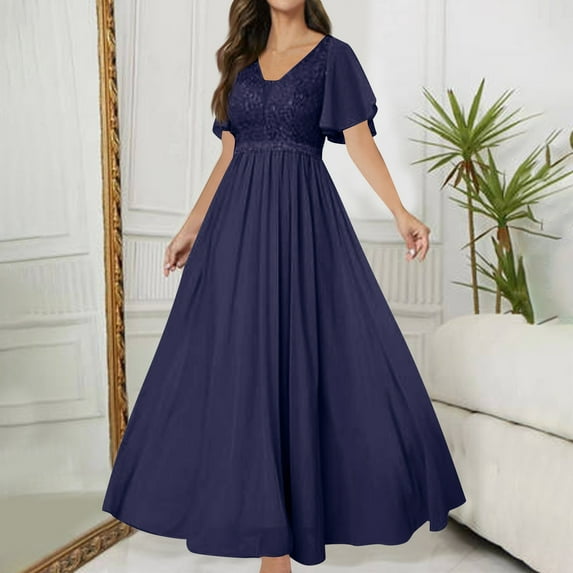 Cavosen Long Wedding Guest Dresses for Women Blue Mesh Elegant Short Sleeve A-Line Long Dress V-Neck Solid Floor Length Maxi Dress Flowy Bodycon Wrap Party Dress Evening Prom