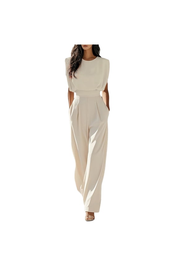 Loose Crew Neck Jumpsuits Long Overalls with Pocket Solid Lightweight Summer Casual Rompers