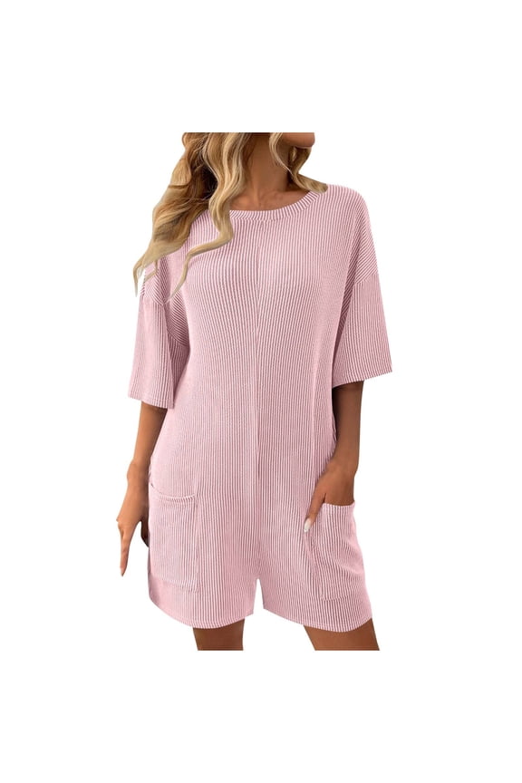 Loose Crew Neck Short Sleeve Jumpsuits Short Overalls with Pocket Solid Lightweight Summer Going Out Rompers