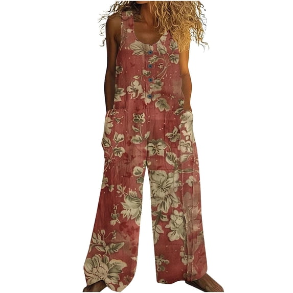 Cavosen Loose Linen Crew Neck Sleeveless Jumpsuits Button Retro Long Overalls with Pocket Print Lightweight Summer Casual Rompers