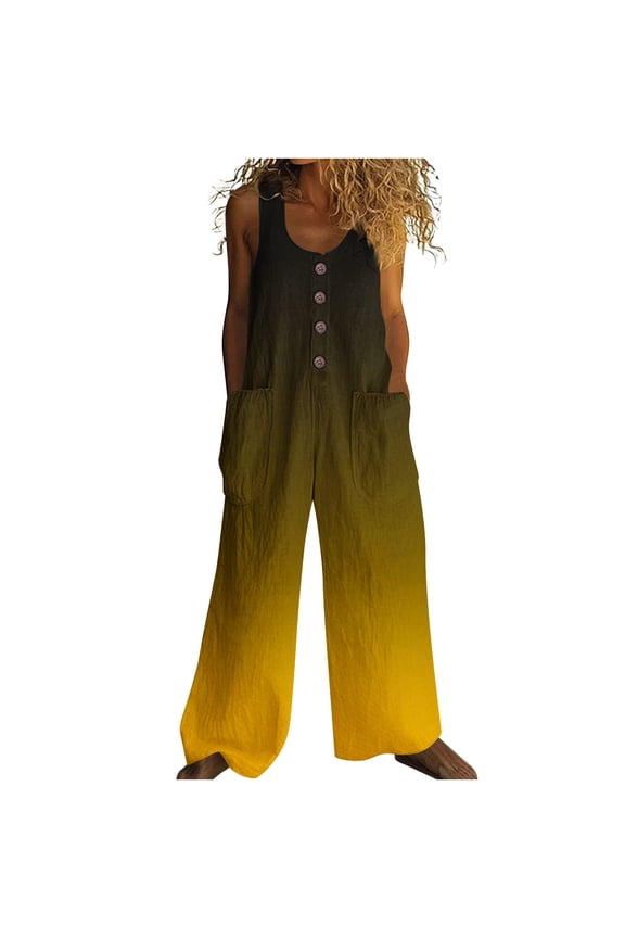 Loose Linen Crew Neck Sleeveless Jumpsuits Button Retro Long Overalls with Pocket Print Lightweight Summer Cute Rompers