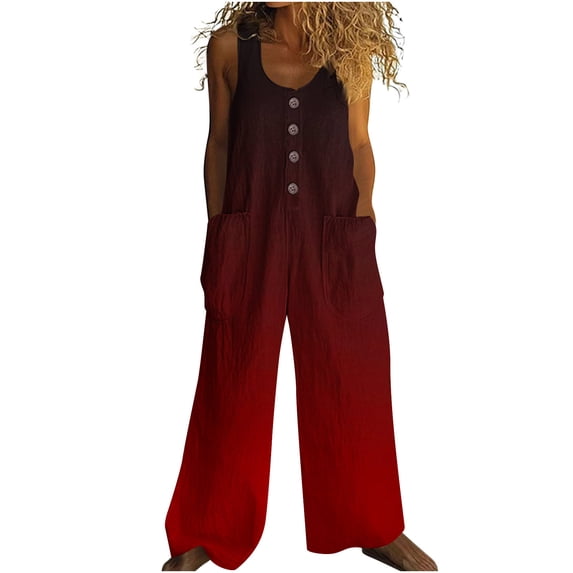 Cavosen Loose Linen Crew Neck Sleeveless Jumpsuits Button Retro Long Overalls with Pocket Print Lightweight Summer Cute Rompers