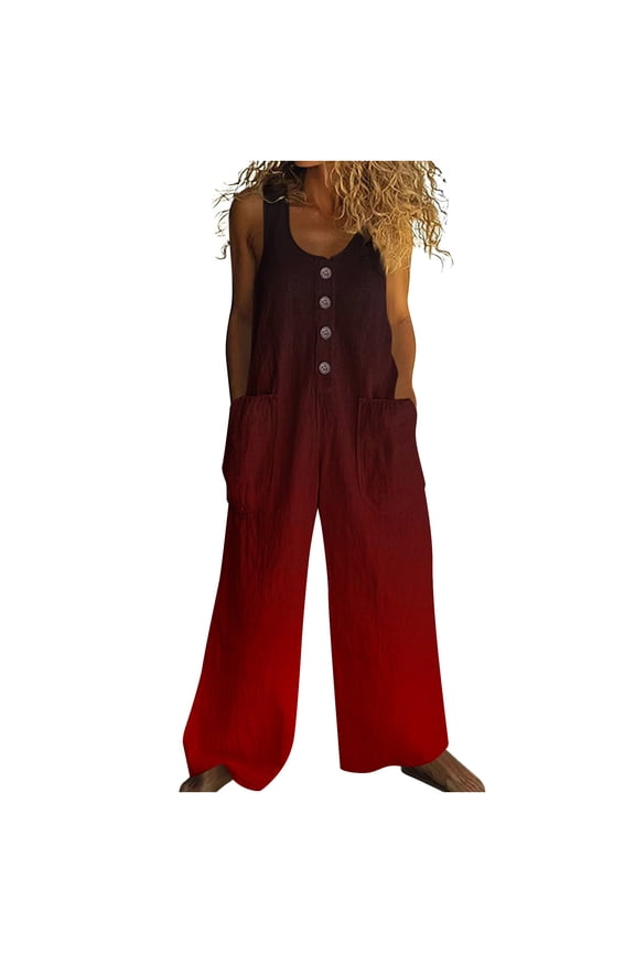Loose Linen Crew Neck Sleeveless Jumpsuits Button Retro Long Overalls with Pocket Print Lightweight Summer Cute Rompers