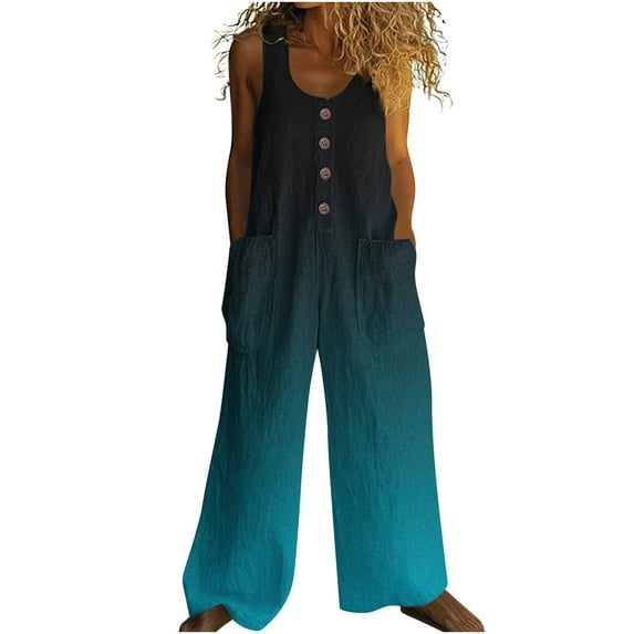 Cavosen Loose Linen Crew Neck Sleeveless Jumpsuits Button Retro Long Overalls with Pocket Print Lightweight Summer Cute Rompers