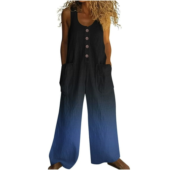 Cavosen Loose Linen Crew Neck Sleeveless Jumpsuits Button Retro Long Overalls with Pocket Print Lightweight Summer Cute Rompers