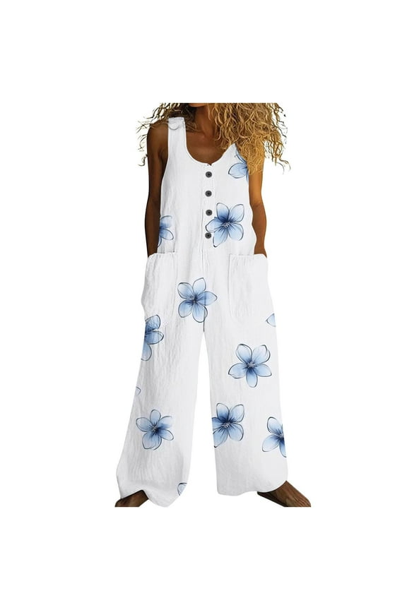 Loose Linen Crew Neck Sleeveless Jumpsuits Button Retro Long Overalls with Pocket Print Lightweight Summer Cute Rompers